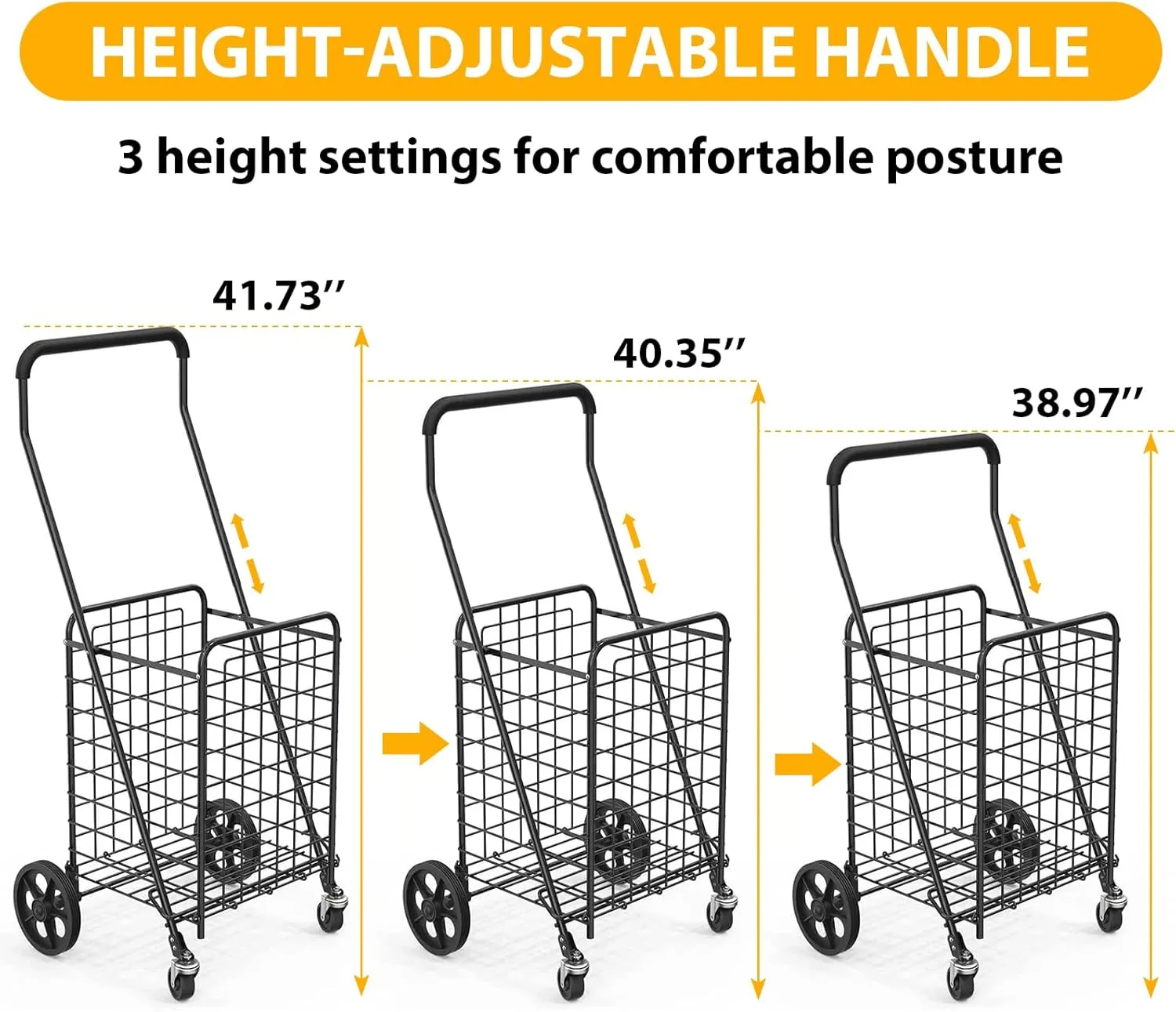 Grocery Shopping Cart with 360° Rolling Swivel Wheels Utility Cart Easily Collapsible Cart 66lb Extended Foam Cover, Trolley for Laundry,Groceries,Travel Black (Medium)
