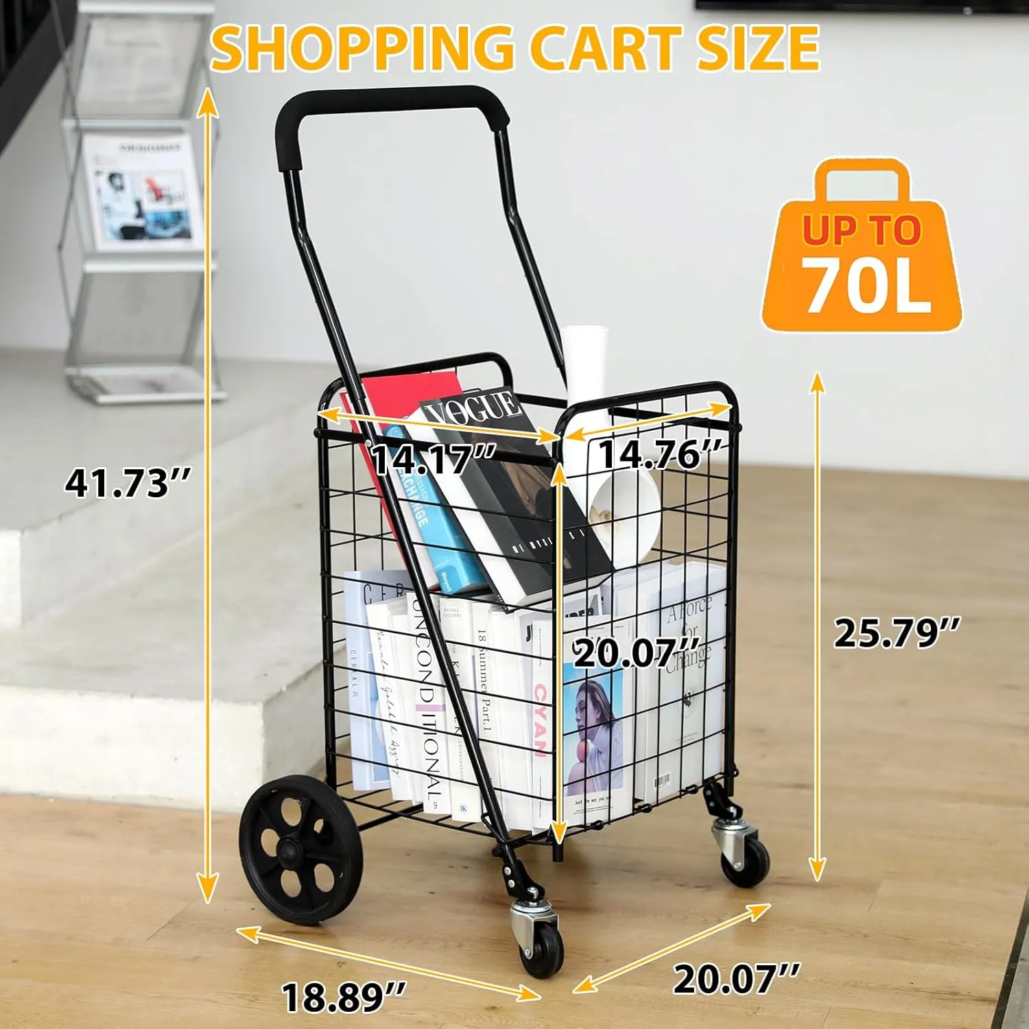 Grocery Shopping Cart with 360° Rolling Swivel Wheels Utility Cart Easily Collapsible Cart 66lb Extended Foam Cover, Trolley for Laundry,Groceries,Travel Black (Medium)