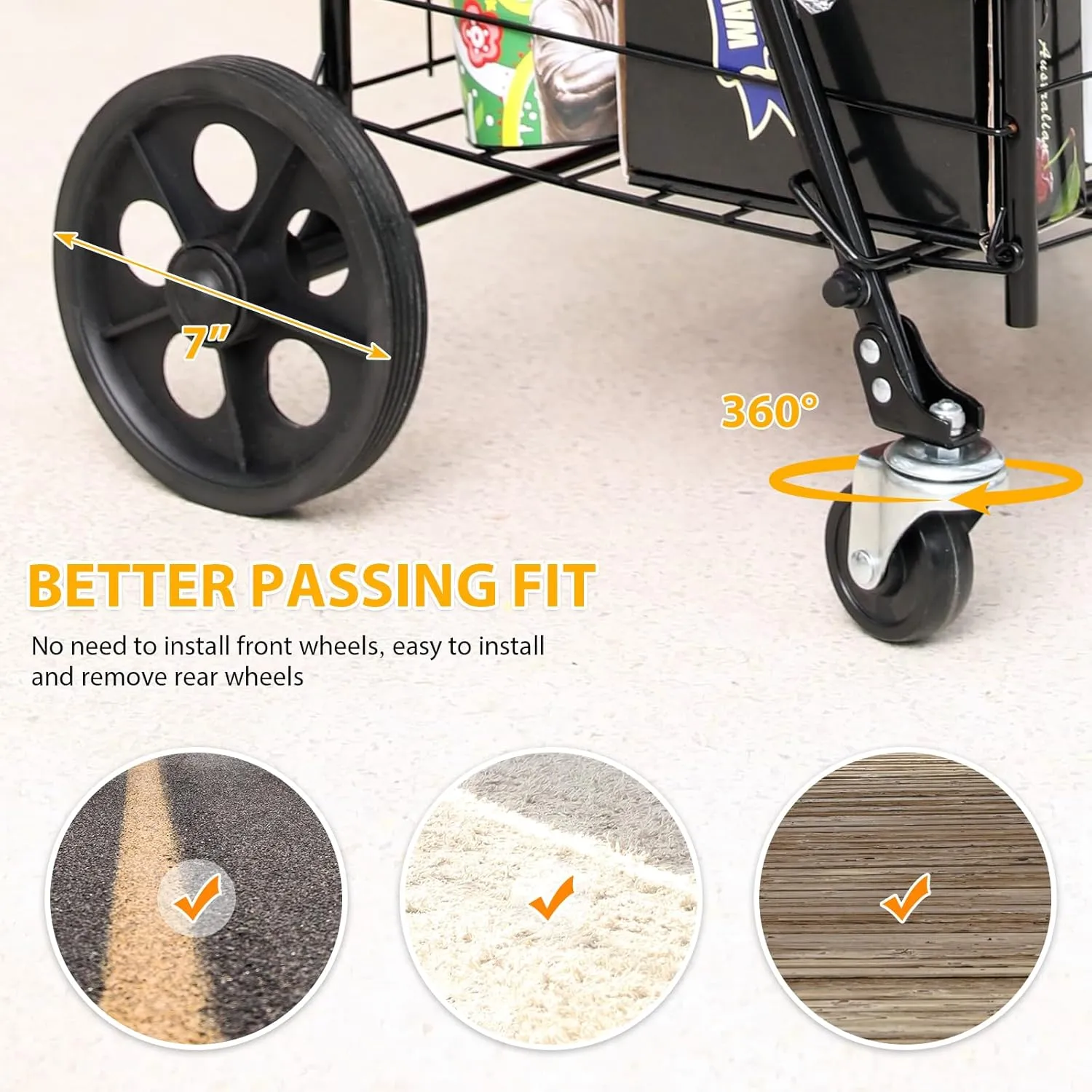 Grocery Shopping Cart with 360° Rolling Swivel Wheels Utility Cart Easily Collapsible Cart 66lb Extended Foam Cover, Trolley for Laundry,Groceries,Travel Black (Medium)