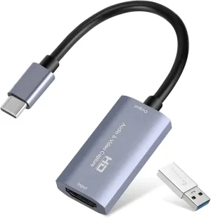 Guermok Video Capture Card, USB3.0 HDMI to USB C Audio Capture Card, 4K 1080P 60FPS Capture with Type-C Adapter Devices for Gaming Live Streaming, Video Recorder, Windows Mac OS System OBS Zoom