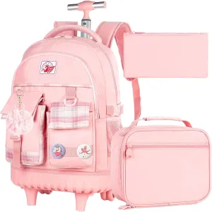 gxtvo 3PCS Rolling Backpack for Girls, Women Wheeled Bookbag with Lunch Box for Adults, Kids Water Resistant Roller School Bag for Teens Travel - Pink