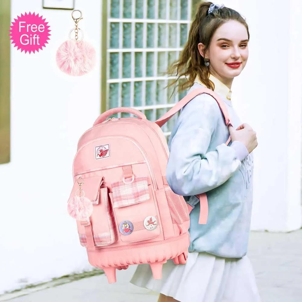 gxtvo 3PCS Rolling Backpack for Girls, Women Wheeled Bookbag with Lunch Box for Adults, Kids Water Resistant Roller School Bag for Teens Travel - Pink