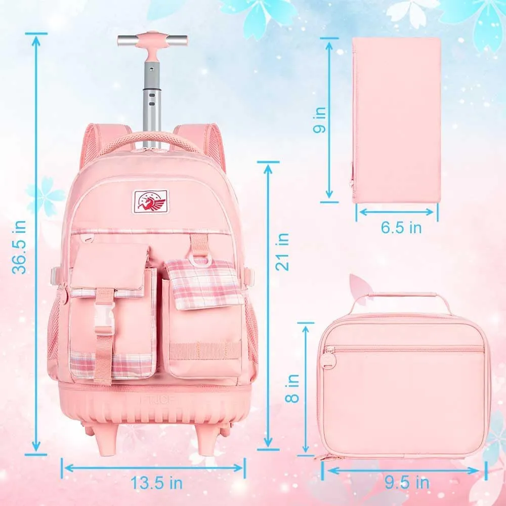 gxtvo 3PCS Rolling Backpack for Girls, Women Wheeled Bookbag with Lunch Box for Adults, Kids Water Resistant Roller School Bag for Teens Travel - Pink