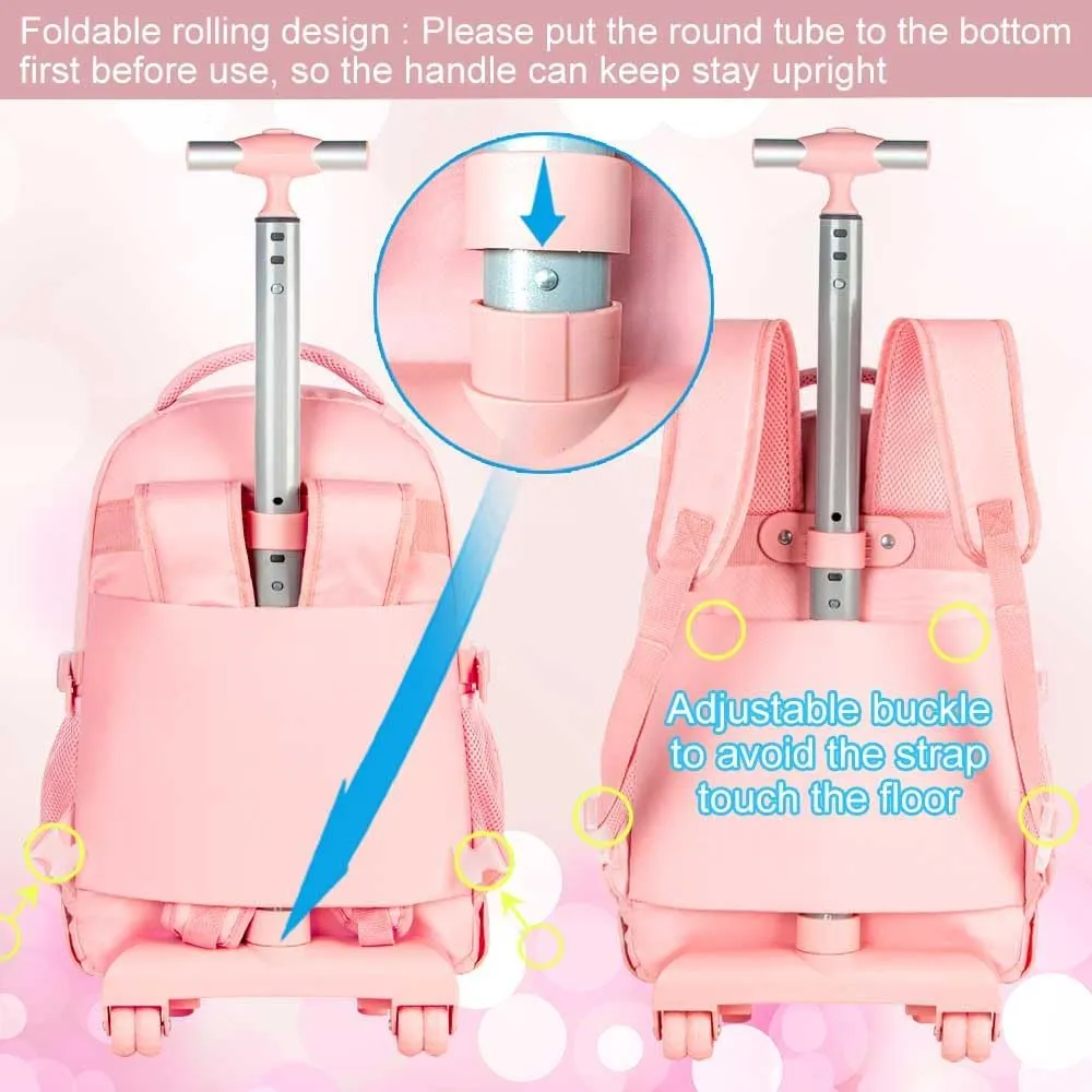 gxtvo 3PCS Rolling Backpack for Girls, Women Wheeled Bookbag with Lunch Box for Adults, Kids Water Resistant Roller School Bag for Teens Travel - Pink