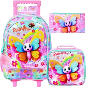 gxtvo Girls Rolling Backpack, Cute Butterfly Roller Wheels Kids Bookbag - Wheeled Elementary School Bag - 3PCS Butterfly