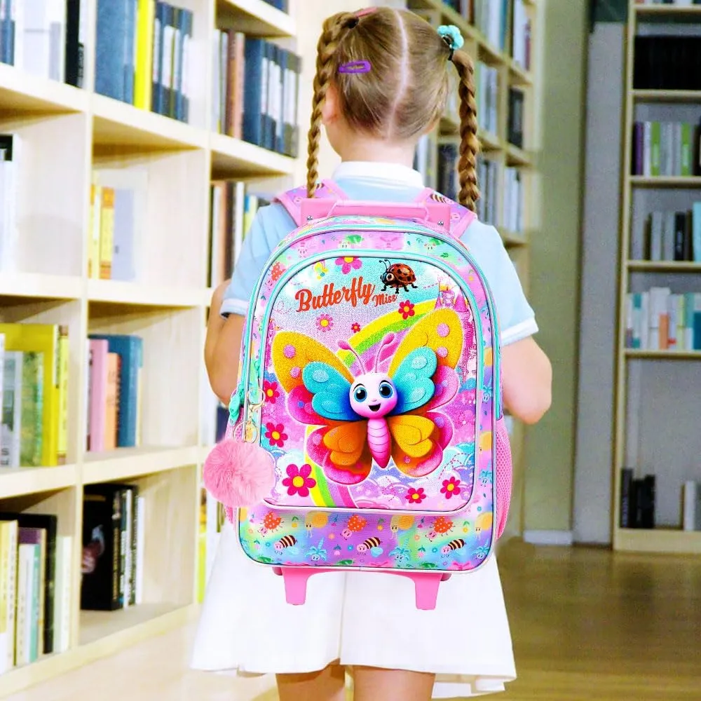 gxtvo Girls Rolling Backpack, Cute Butterfly Roller Wheels Kids Bookbag - Wheeled Elementary School Bag - 3PCS Butterfly