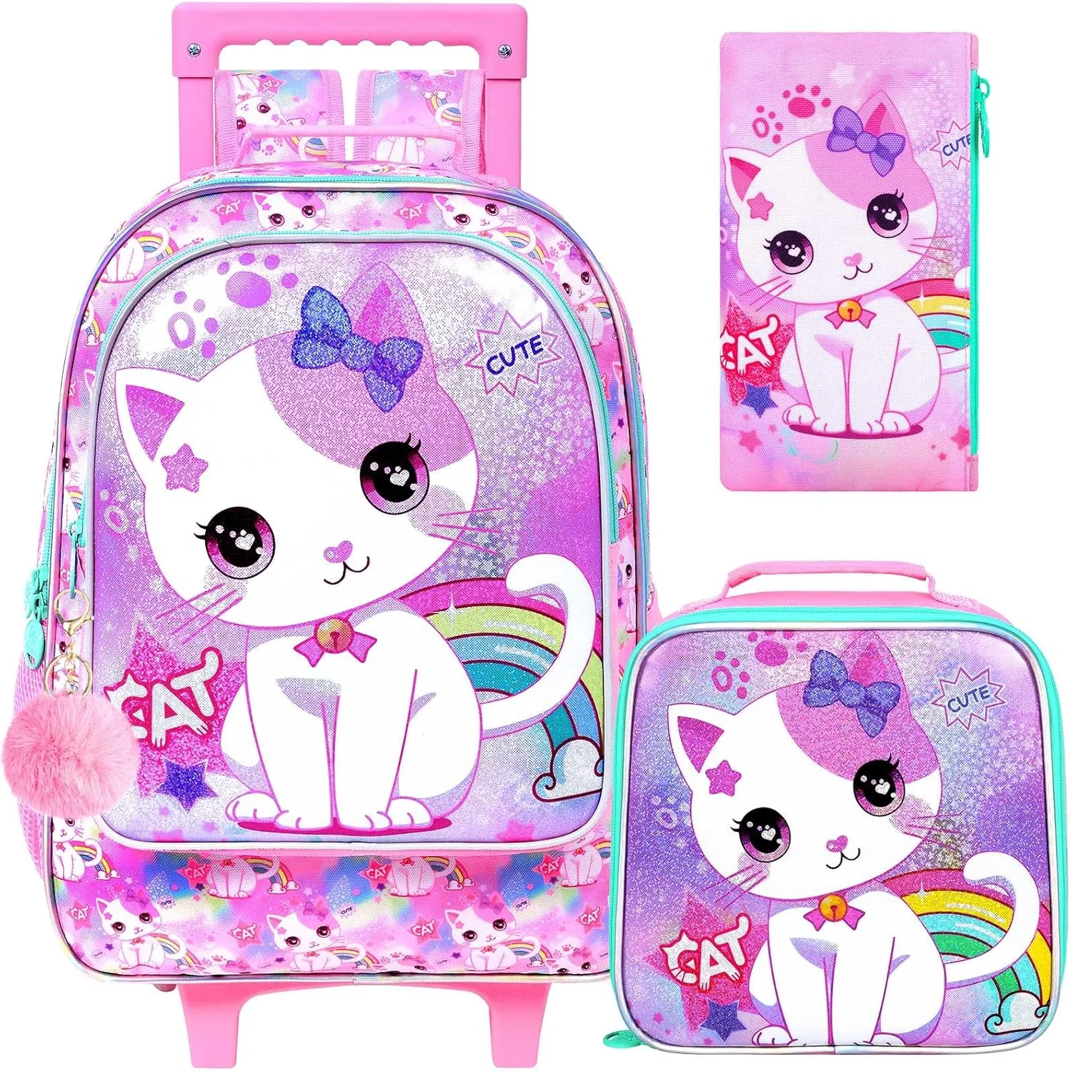 gxtvo Girls Rolling Backpack, Cute Cat Roller Wheels Kids Bookbag - Wheeled Elementary School Bag - 3PCS Cat