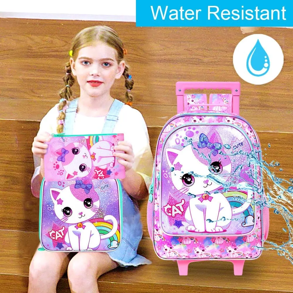 gxtvo Girls Rolling Backpack, Cute Cat Roller Wheels Kids Bookbag - Wheeled Elementary School Bag - 3PCS Cat