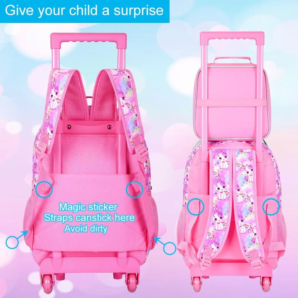 gxtvo Girls Rolling Backpack, Cute Cat Roller Wheels Kids Bookbag - Wheeled Elementary School Bag - 3PCS Cat
