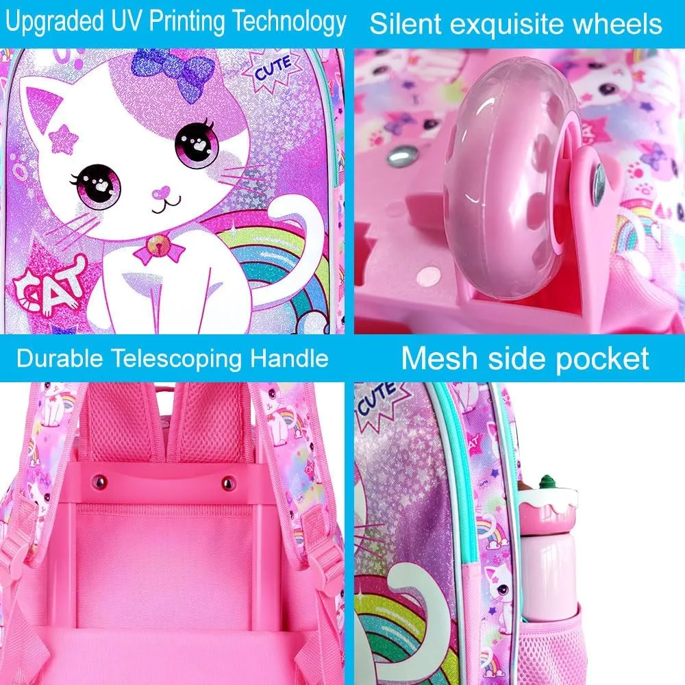 gxtvo Girls Rolling Backpack, Cute Cat Roller Wheels Kids Bookbag - Wheeled Elementary School Bag - 3PCS Cat