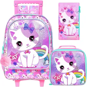 gxtvo Girls Rolling Backpack, Cute Cat Roller Wheels Kids Bookbag - Wheeled Elementary School Bag - 3PCS Cat