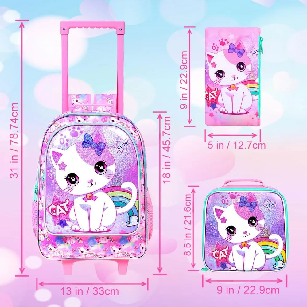 gxtvo Girls Rolling Backpack, Cute Cat Roller Wheels Kids Bookbag - Wheeled Elementary School Bag - 3PCS Cat