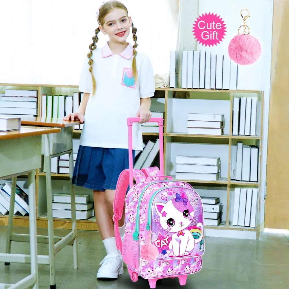 gxtvo Girls Rolling Backpack, Cute Cat Roller Wheels Kids Bookbag - Wheeled Elementary School Bag - 3PCS Cat