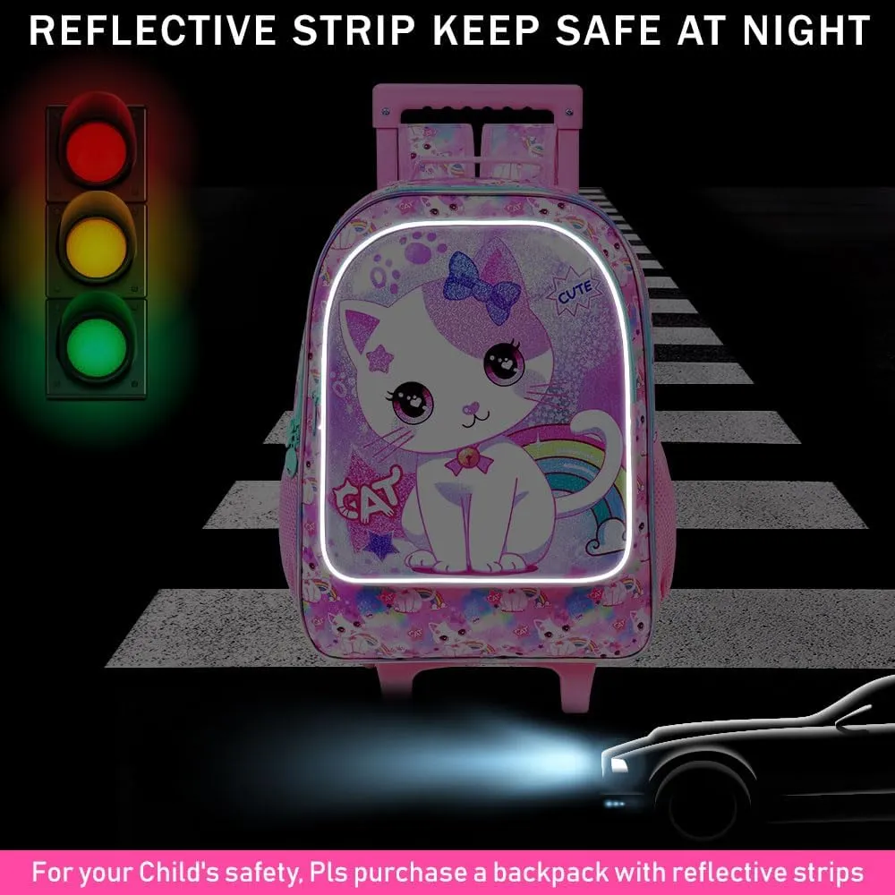 gxtvo Girls Rolling Backpack, Cute Cat Roller Wheels Kids Bookbag - Wheeled Elementary School Bag - 3PCS Cat