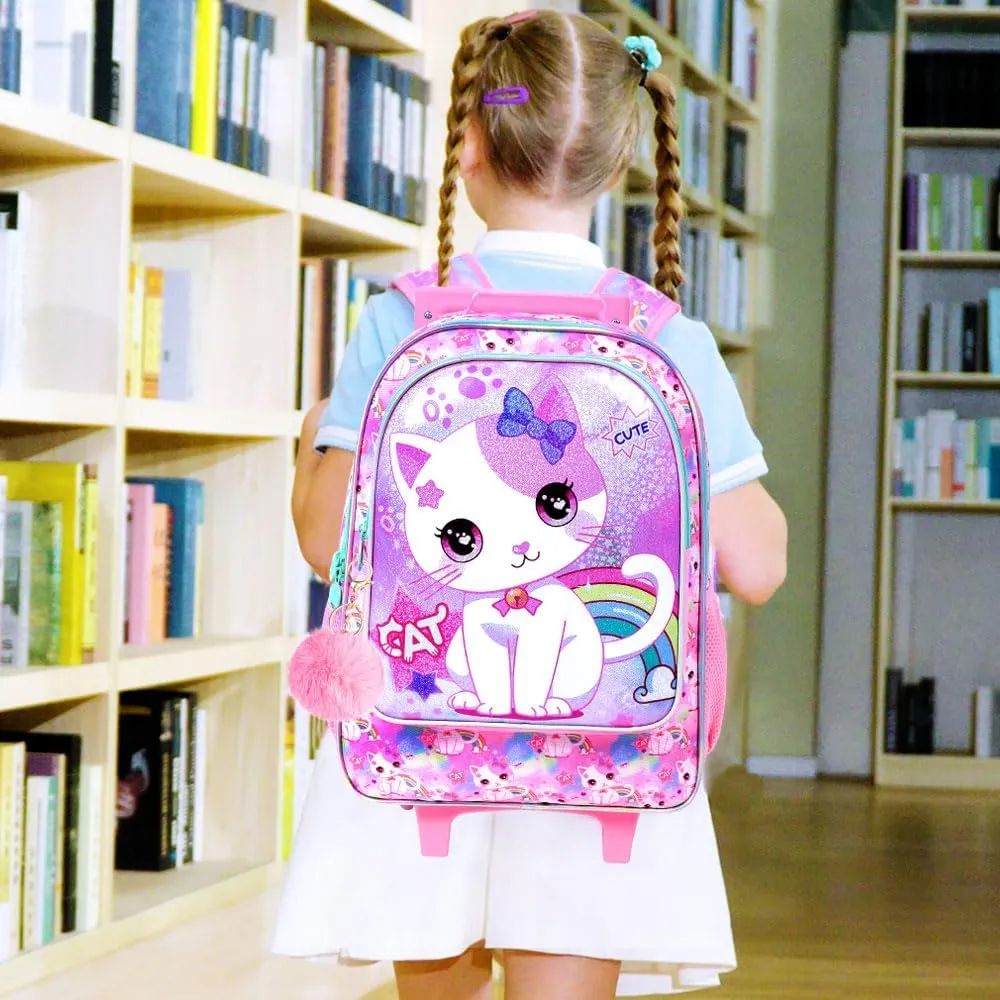 gxtvo Girls Rolling Backpack, Cute Cat Roller Wheels Kids Bookbag - Wheeled Elementary School Bag - 3PCS Cat
