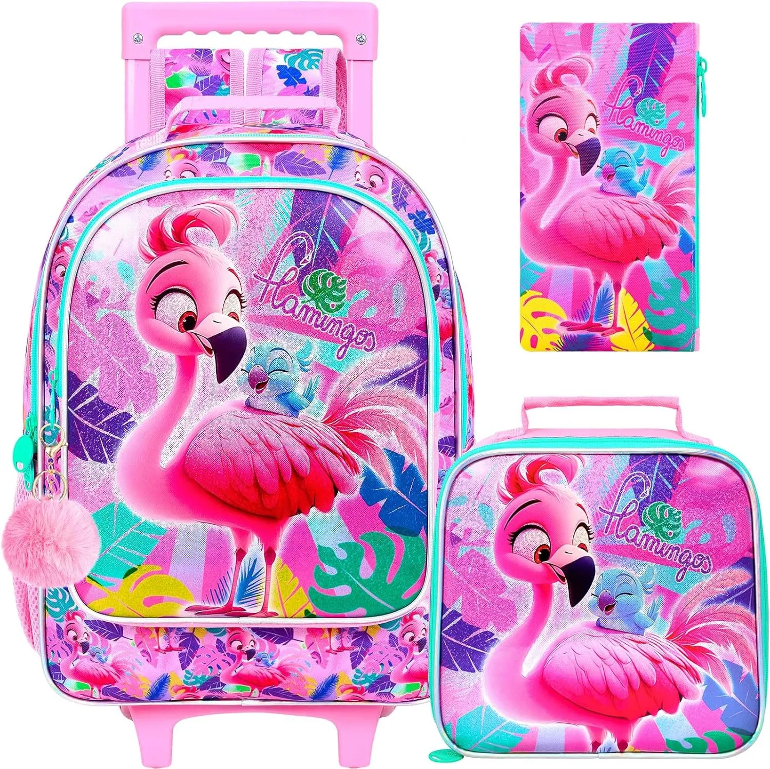 gxtvo Girls Rolling Backpack, Cute Flamingo Roller Wheels Kids Bookbag - Wheeled Elementary School Bag - 3PCS Flamingo