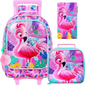 gxtvo Girls Rolling Backpack, Cute Flamingo Roller Wheels Kids Bookbag - Wheeled Elementary School Bag - 3PCS Flamingo
