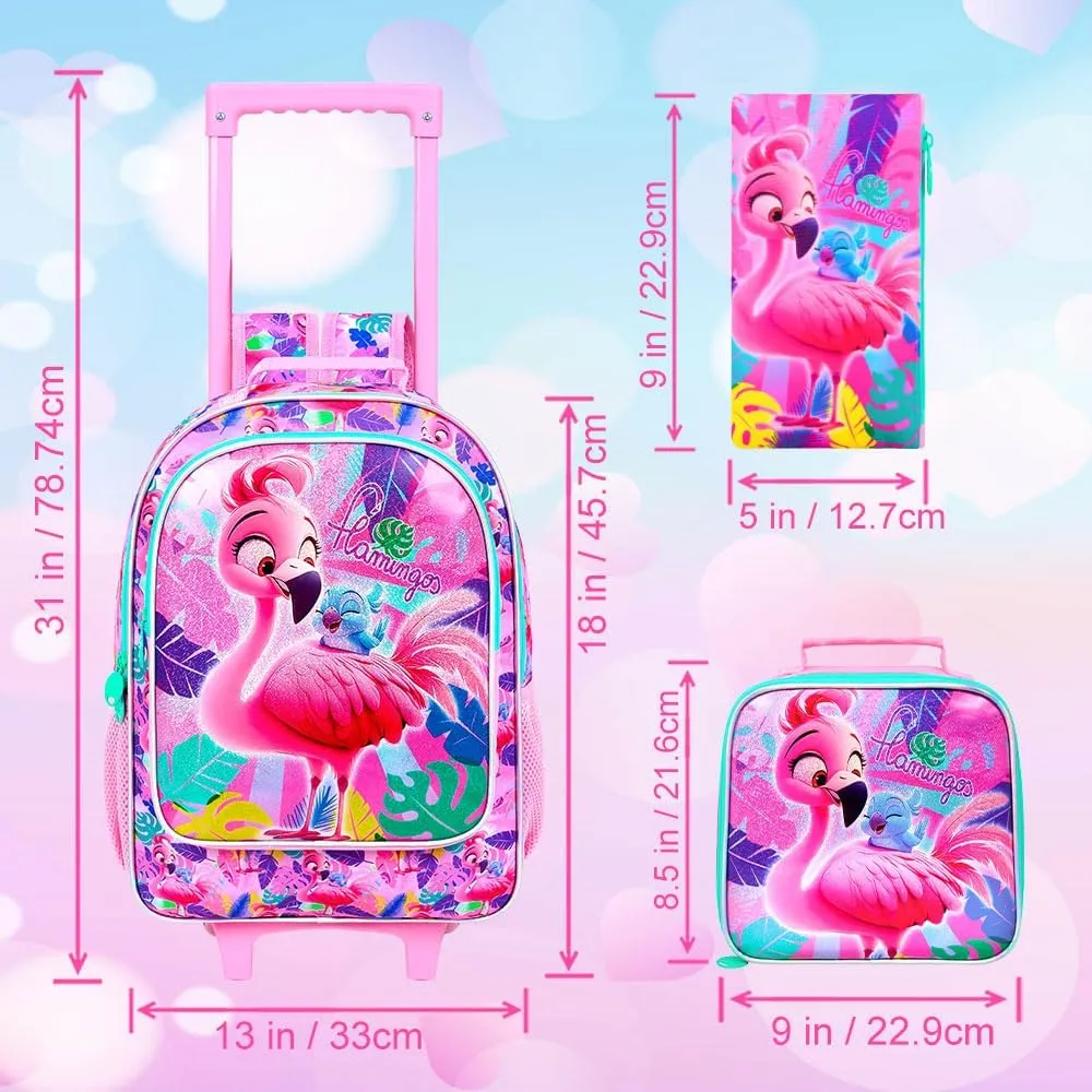 gxtvo Girls Rolling Backpack, Cute Flamingo Roller Wheels Kids Bookbag - Wheeled Elementary School Bag - 3PCS Flamingo