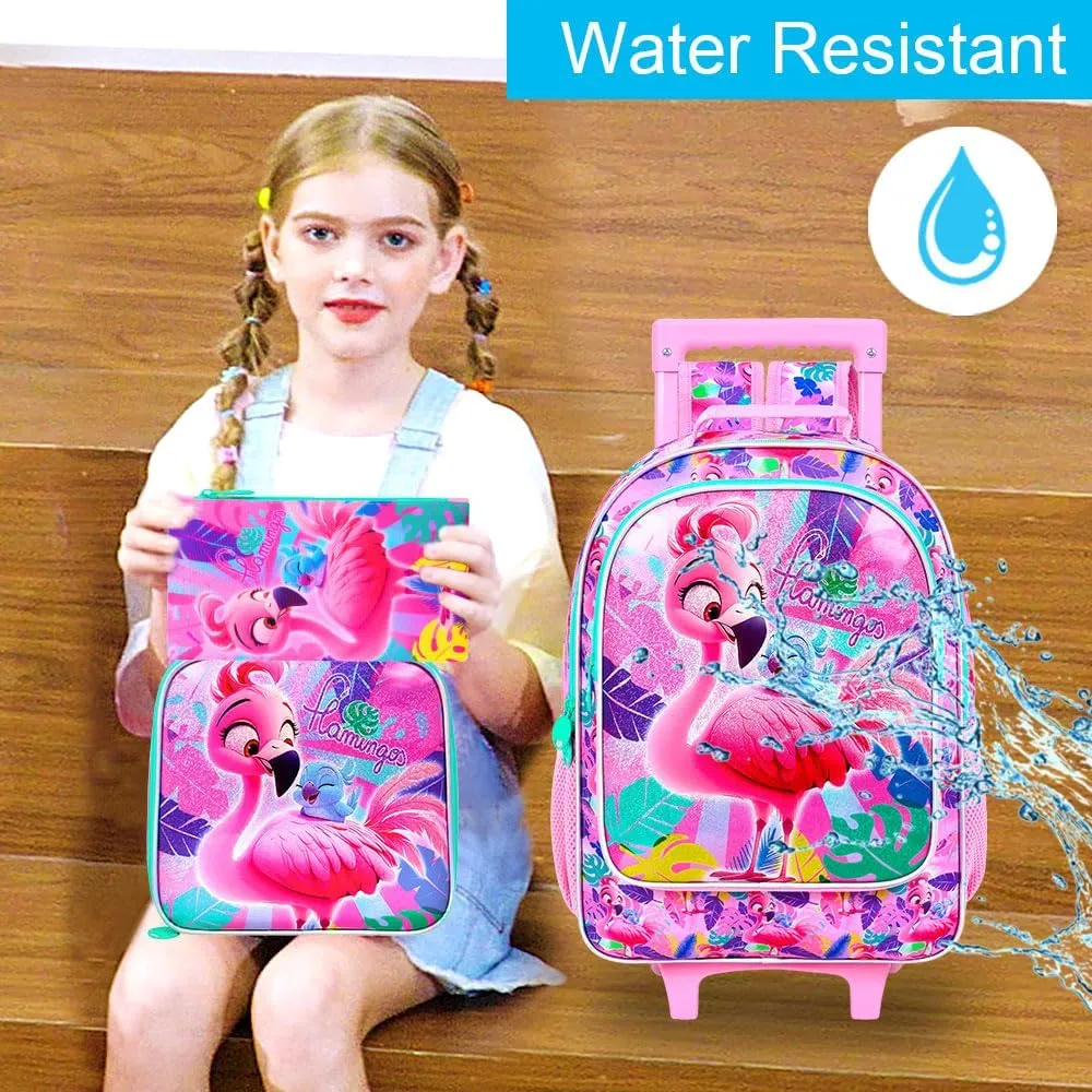 gxtvo Girls Rolling Backpack, Cute Flamingo Roller Wheels Kids Bookbag - Wheeled Elementary School Bag - 3PCS Flamingo