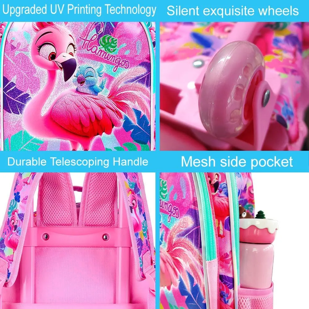 gxtvo Girls Rolling Backpack, Cute Flamingo Roller Wheels Kids Bookbag - Wheeled Elementary School Bag - 3PCS Flamingo