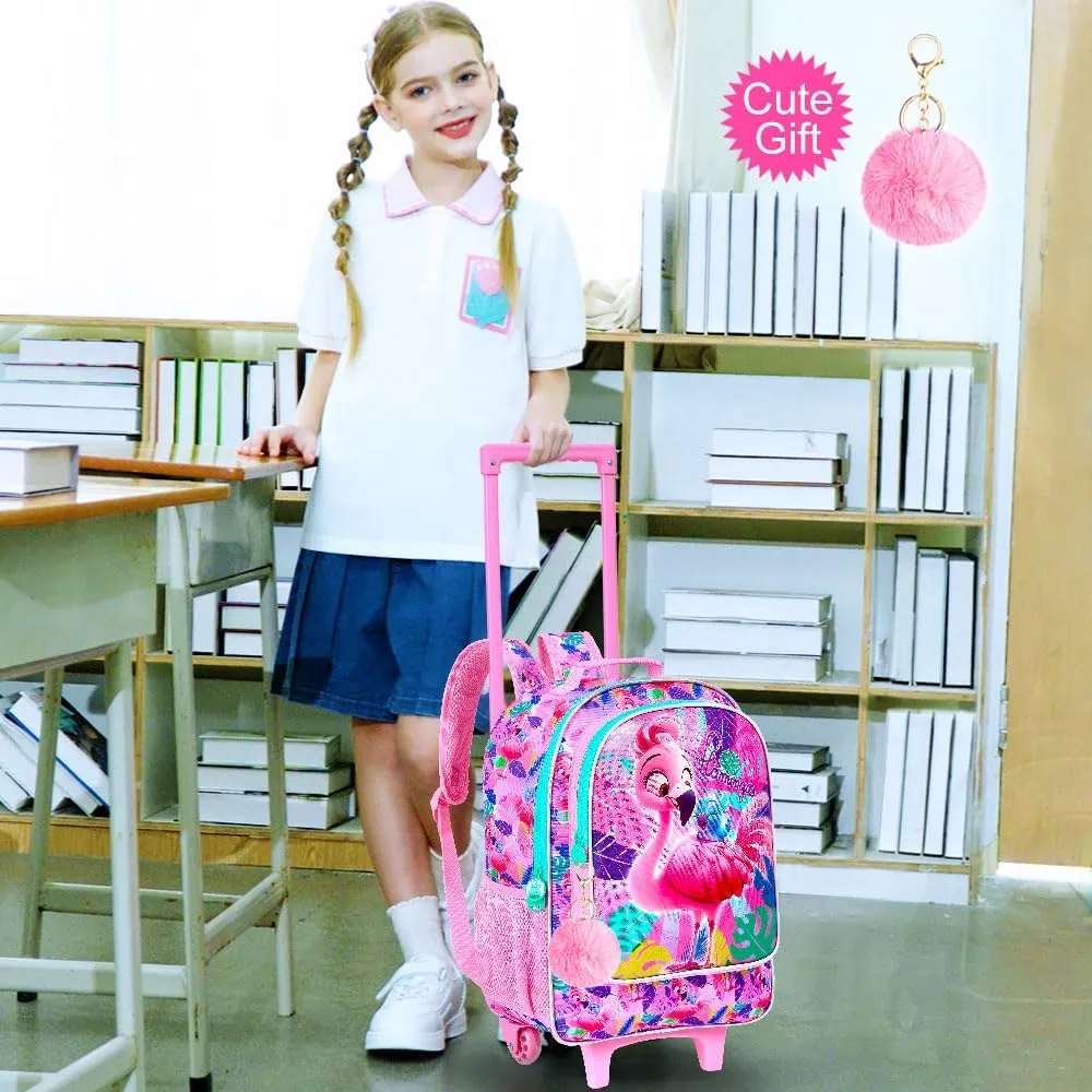 gxtvo Girls Rolling Backpack, Cute Flamingo Roller Wheels Kids Bookbag - Wheeled Elementary School Bag - 3PCS Flamingo
