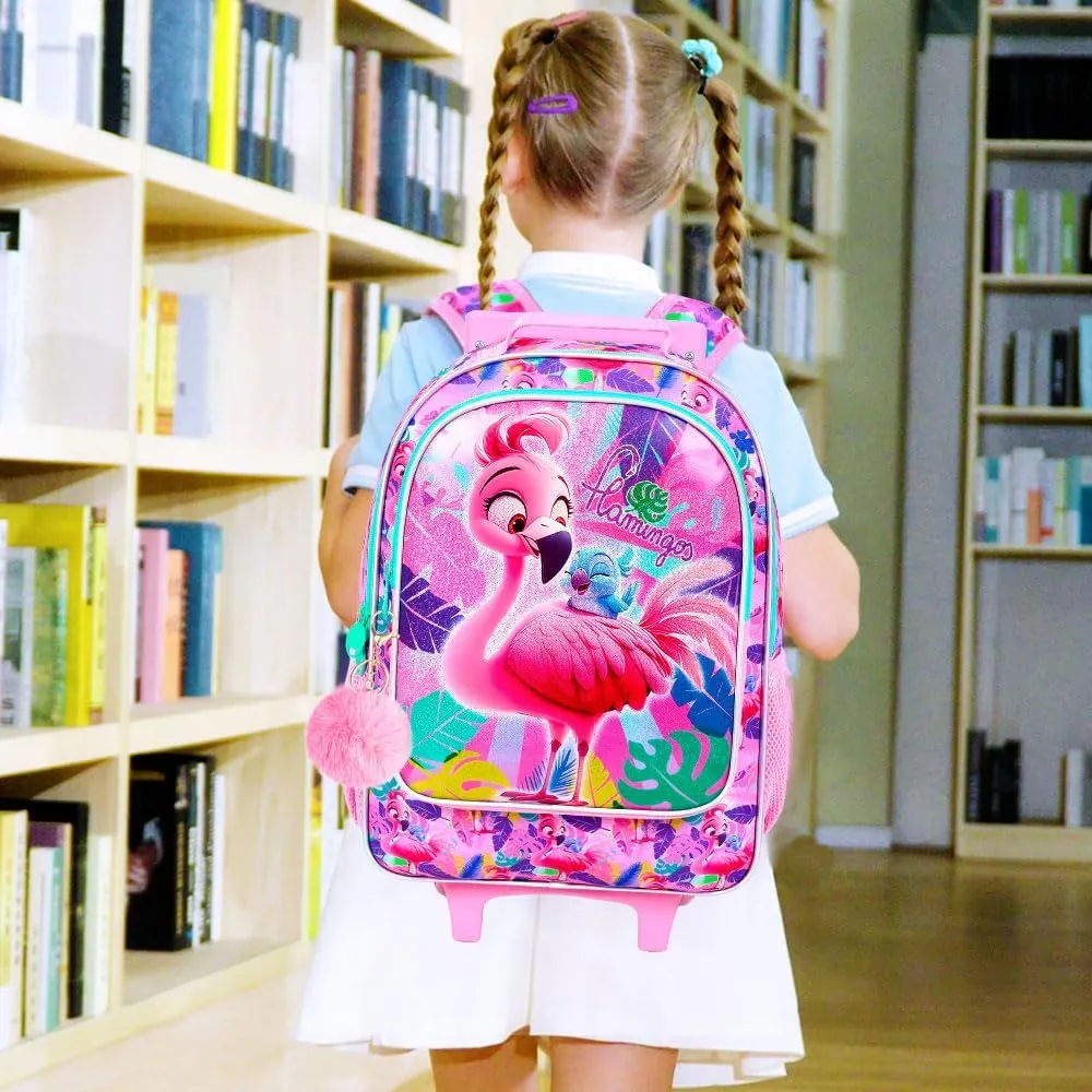 gxtvo Girls Rolling Backpack, Cute Flamingo Roller Wheels Kids Bookbag - Wheeled Elementary School Bag - 3PCS Flamingo