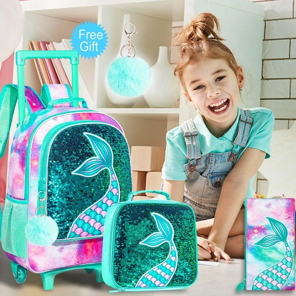 gxtvo Girls Rolling Backpack, Kids Wheels Bookbag - Roller Elementary Sequin School Bag - 3PCS Unicorn Mermaid Green