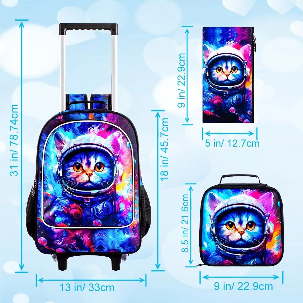 gxtvo Kids Rolling Backpack for Girls, Roller Wheeled Bookbag - Wheeled Elementary School Bag - 3PCS Cat