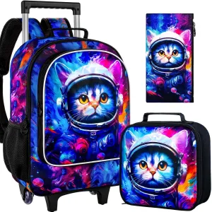 gxtvo Kids Rolling Backpack for Girls, Roller Wheeled Bookbag - Wheeled Elementary School Bag - 3PCS Cat