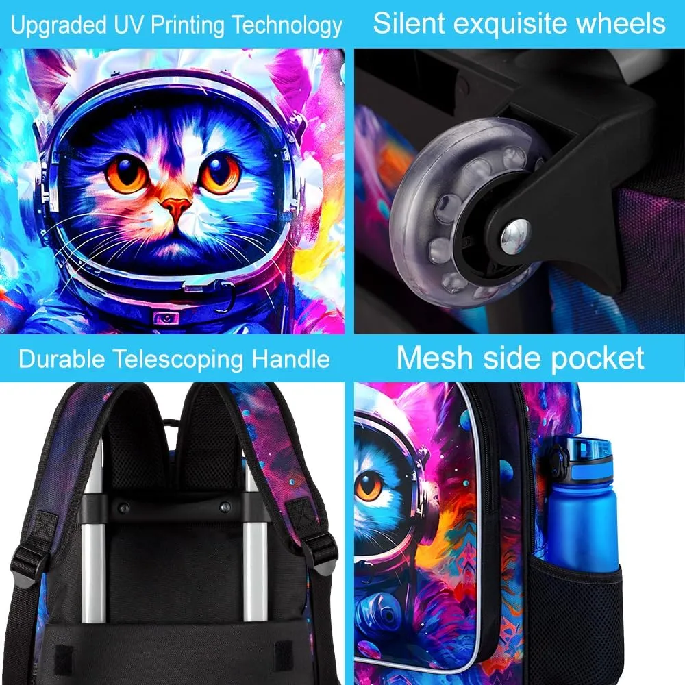 gxtvo Kids Rolling Backpack for Girls, Roller Wheeled Bookbag - Wheeled Elementary School Bag - 3PCS Cat