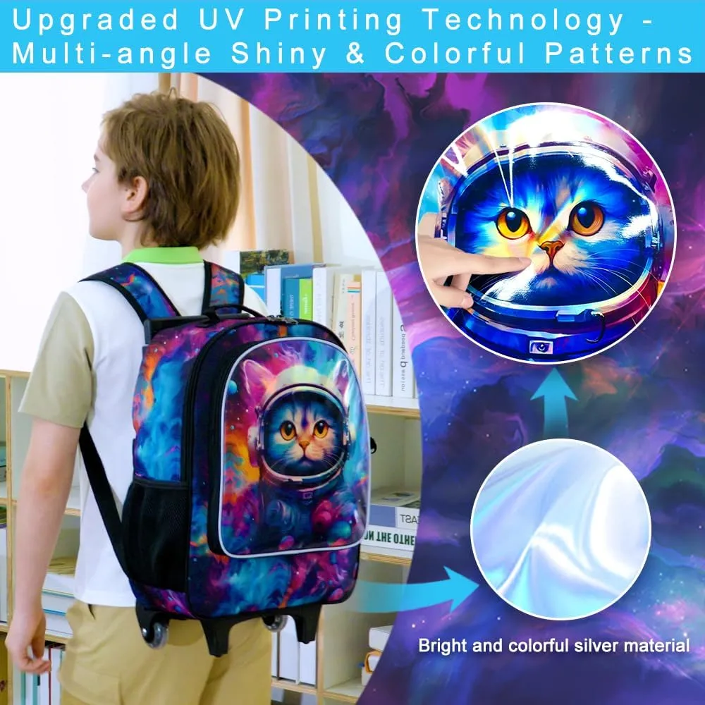 gxtvo Kids Rolling Backpack for Girls, Roller Wheeled Bookbag - Wheeled Elementary School Bag - 3PCS Cat