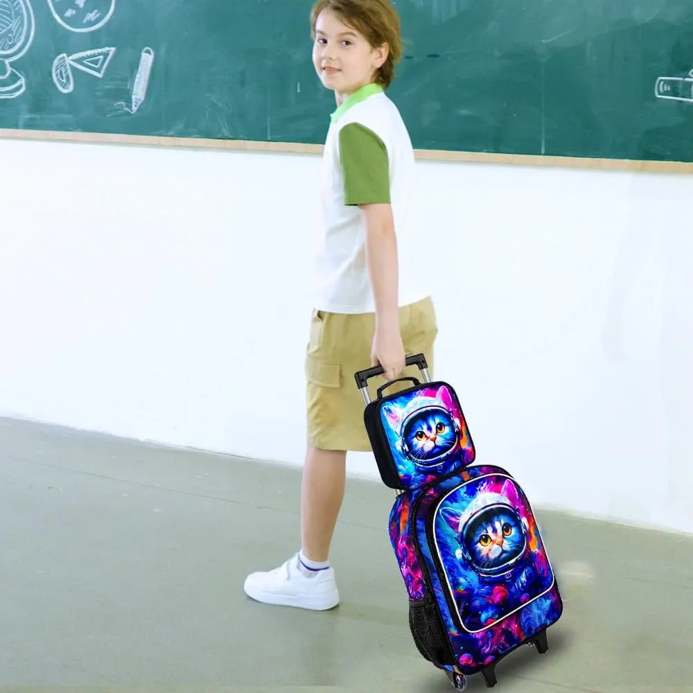 gxtvo Kids Rolling Backpack for Girls, Roller Wheeled Bookbag - Wheeled Elementary School Bag - 3PCS Cat