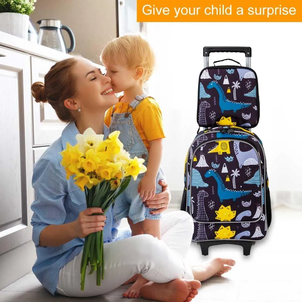 gxtvo Kids Rolling Backpack, Roller Wheels Boys Bookbag - Wheeled Suitcase Elementary School Bag - 3PCS Dinosaur