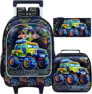 gxtvo Rolling Backpack for Boys, Roller Wheeled Bookbag - Wheeled Elementary School Bag - 3PCS Car