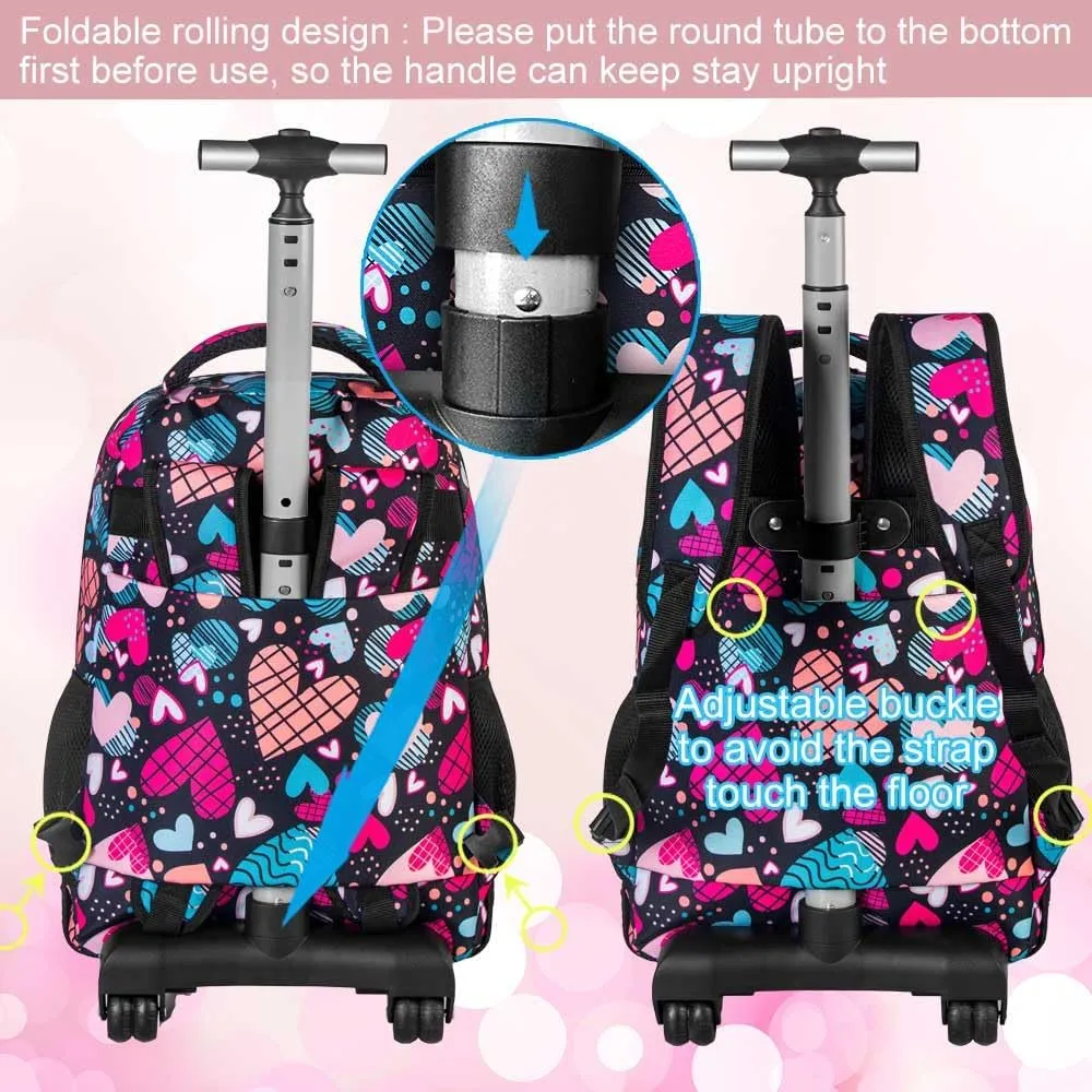 gxtvo Rolling Backpack for Womens and Mens, Adults Wheeled Bookbag with Lunch Box for Girls and Boys.