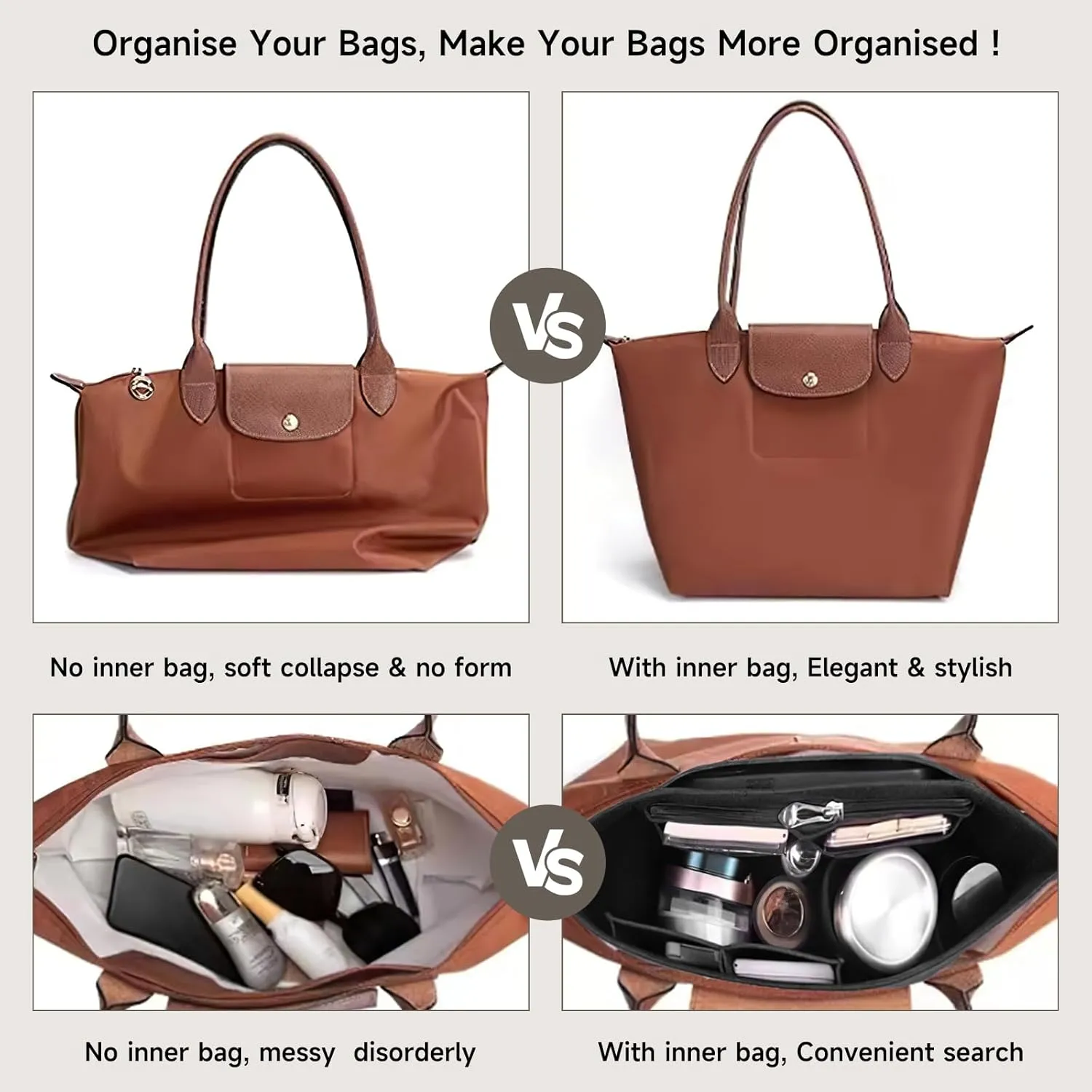 Hahamiya Purse Organizer Insert for Longchamp, Multi-Pocket Softened Felt Handbag Organizer, Folding Tote Bag Organizer Insert for Wallet Purse Organizer- (Large, Black)