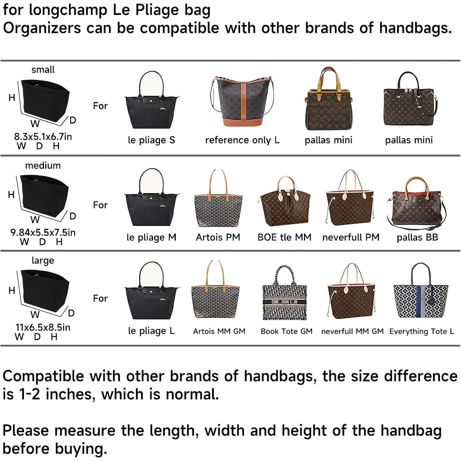 Hahamiya Purse Organizer Insert for Longchamp, Multi-Pocket Softened Felt Handbag Organizer, Folding Tote Bag Organizer Insert for Wallet Purse Organizer- (Large, Black)
