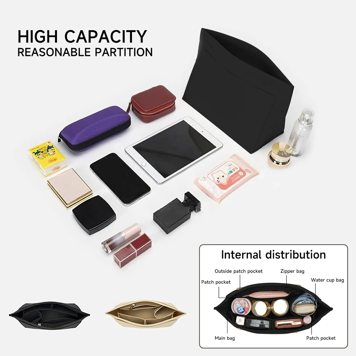 Hahamiya Purse Organizer Insert for Longchamp, Multi-Pocket Softened Felt Handbag Organizer, Folding Tote Bag Organizer Insert for Wallet Purse Organizer- (Large, Black)