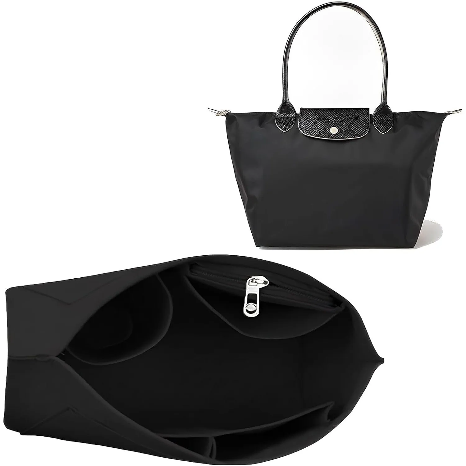 Hahamiya Purse Organizer Insert for Longchamp, Multi-Pocket Softened Felt Handbag Organizer, Folding Tote Bag Organizer Insert for Wallet Purse Organizer- (Large, Black)