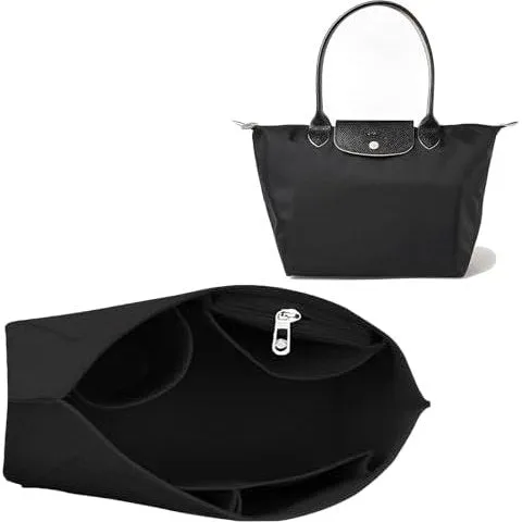 Hahamiya Purse Organizer Insert for Longchamp, Multi-Pocket Softened Felt Handbag Organizer, Folding Tote Bag Organizer Insert for Wallet Purse Organizer- (Large, Black)