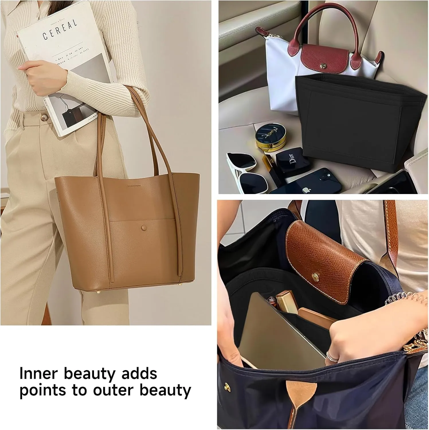 Hahamiya Purse Organizer Insert for Longchamp, Multi-Pocket Softened Felt Handbag Organizer, Folding Tote Bag Organizer Insert for Wallet Purse Organizer- (Large, Black)