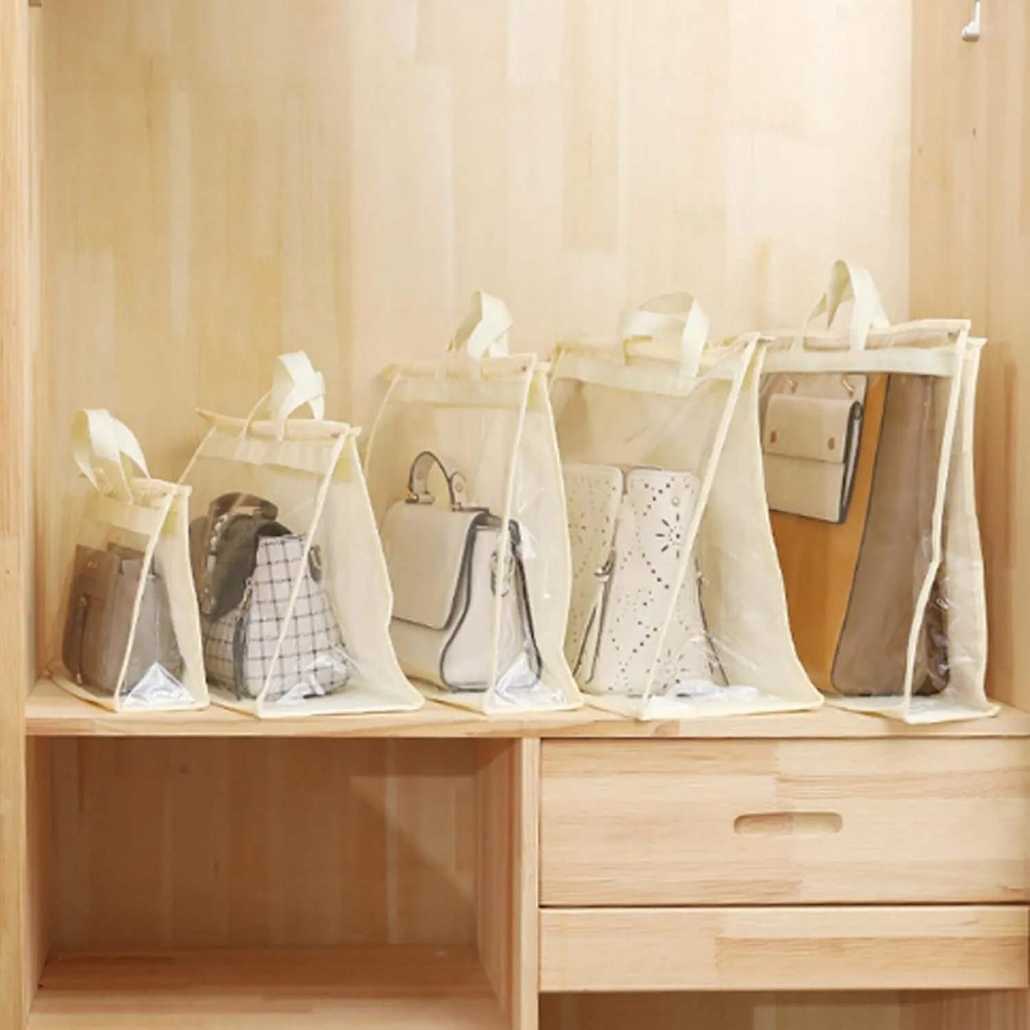 Handbag Storage, 5 Pack Dust Bags for Handbags, 5 Size Handbag and Purse Dust Bags Clear Handbag Storage Organizer with Zipper & Handle for Bedroom Closet, Beige, Dust Bags for Handbags