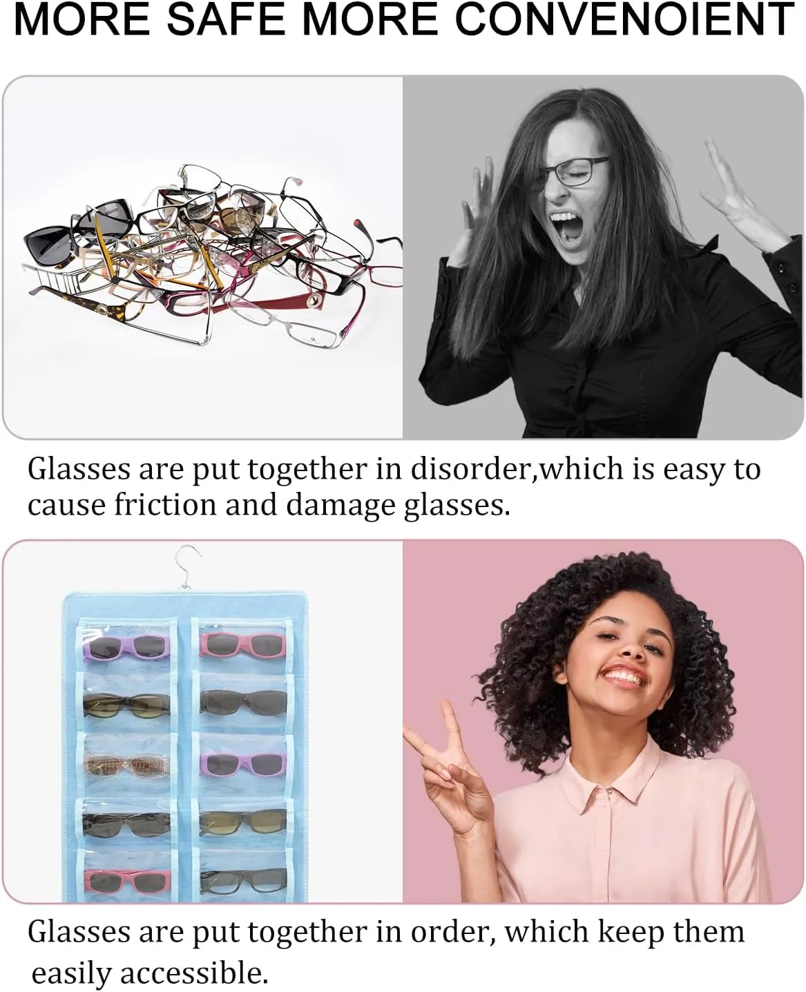 Hanging Jewelry Organizer, Dust Proof Eyeglasses Holder with 32 Clear Slots, Sunglasses Organizer Storage Wall Mounted, Sunglasses Display With 360-Degree Rotating Hook (Blue)