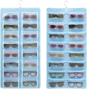 Hanging Jewelry Organizer, Dust Proof Eyeglasses Holder with 32 Clear Slots, Sunglasses Organizer Storage Wall Mounted, Sunglasses Display With 360-Degree Rotating Hook (Blue)