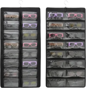 Hanging Jewelry Organizer，Dust Proof Eyeglasses Holder with 32 Clear Slots, Sunglasses Organizer Storage Wall Mounted, Sunglasses Display With 360-Degree Rotating Hook (Black)