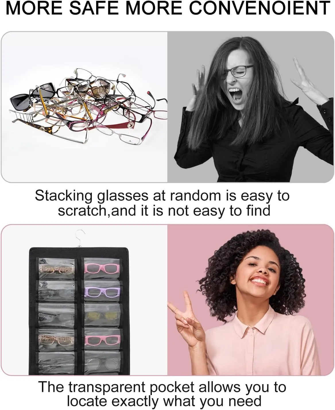 Hanging Jewelry Organizer，Dust Proof Eyeglasses Holder with 32 Clear Slots, Sunglasses Organizer Storage Wall Mounted, Sunglasses Display With 360-Degree Rotating Hook (Black)