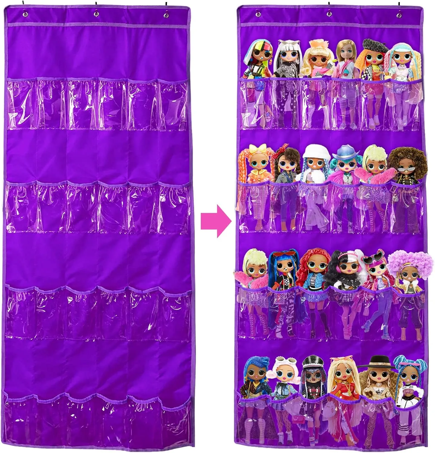 Hanging Over Door Toy Storage Organizer (24 Pockets), Compatible with LOL OMG Dolls Surprise Doll (Toys Not Included), Purple(57.5''x22'') (Purple)
