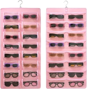Hanging Sunglasses Organizer, Dust Proof Eyeglasses Holder with 32 Clear Slots, Sunglasses Organizer Storage Wall Mounted, Sunglasses Display With 360-Degree Rotating Hook (Pink)