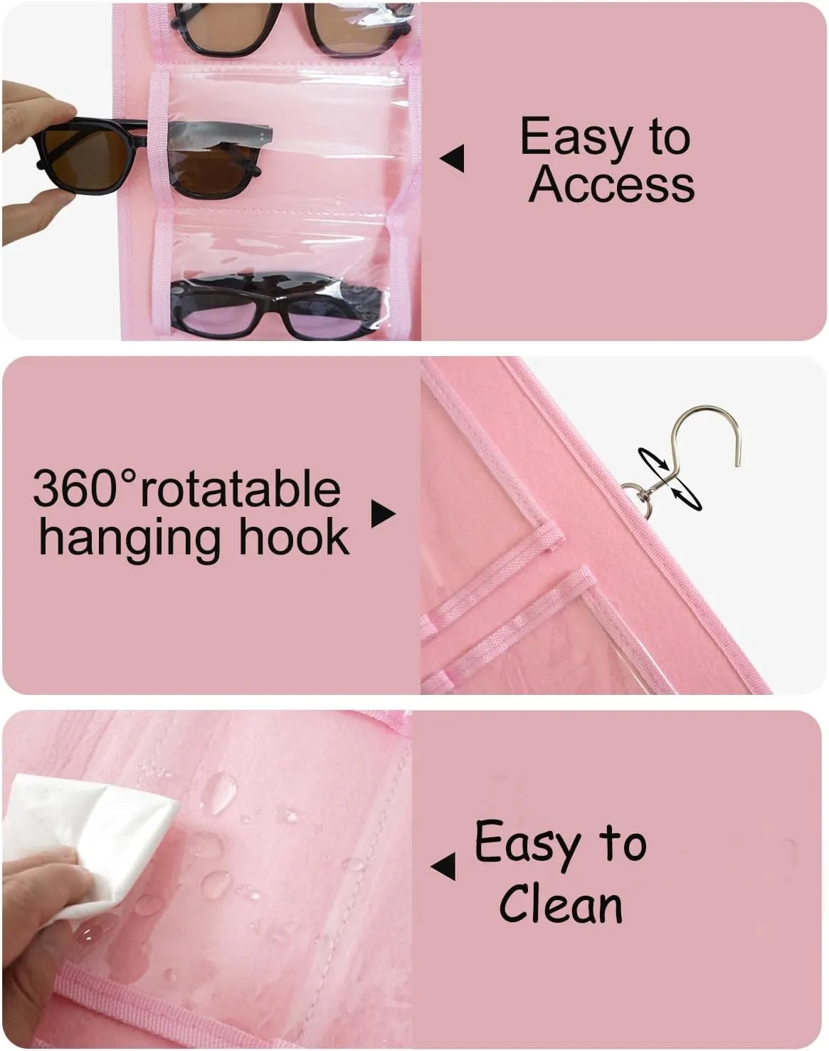 Hanging Sunglasses Organizer, Dust Proof Eyeglasses Holder with 32 Clear Slots, Sunglasses Organizer Storage Wall Mounted, Sunglasses Display With 360-Degree Rotating Hook (Pink)