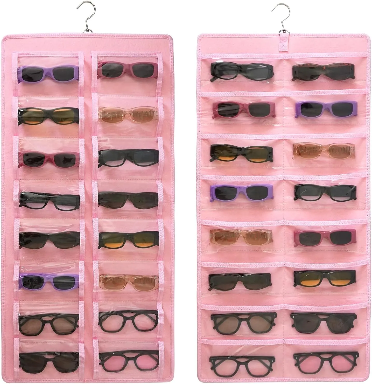 Hanging Sunglasses Organizer, Dust Proof Eyeglasses Holder with 32 Clear Slots, Sunglasses Organizer Storage Wall Mounted, Sunglasses Display With 360-Degree Rotating Hook (Pink)